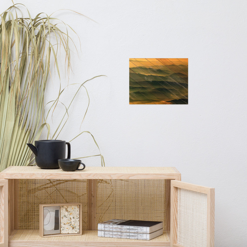 Faux Wood Foggy Mountain Layers at Sunset Landscape Unframed Wall Art Prints, 11" X 14"