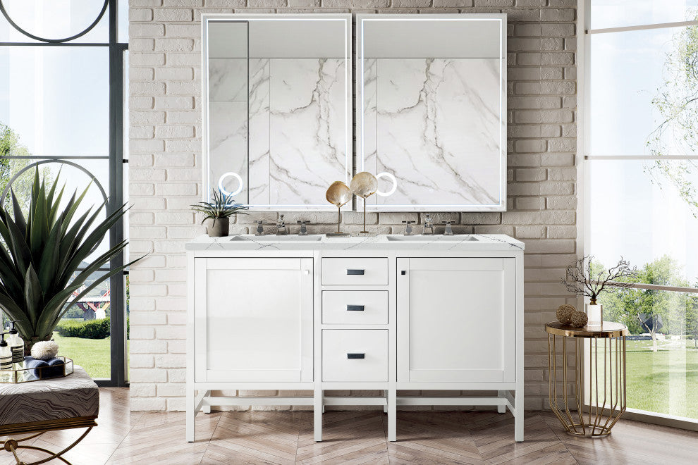 Addison 60" Double Vanity Cabinet, Glossy White, Ethereal Noctis, Three-Hole