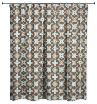 Folk Floral Pattern in Blue and Brown Shower Curtain