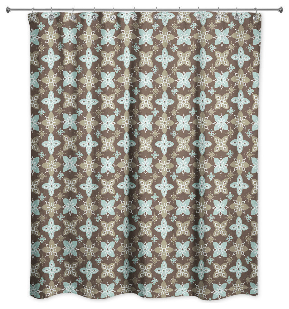 Folk Floral Pattern in Blue and Brown Shower Curtain