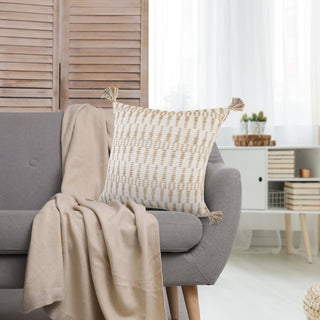 Ivory and Jute Geometric and Tasseled Throw Pillow