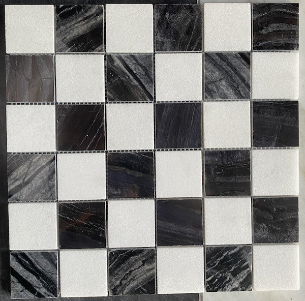 Silver Wave Black Forest Thassos White Marble Checkerboard Tile Polish, 1 sheet
