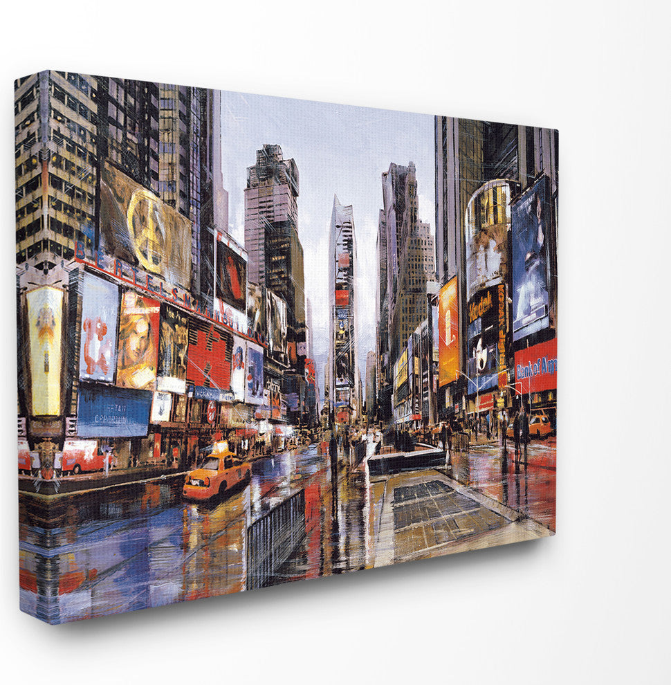 Times Square Crowds on a Rainy Day Painting Oversized Stretched Canvas, 24"x30"