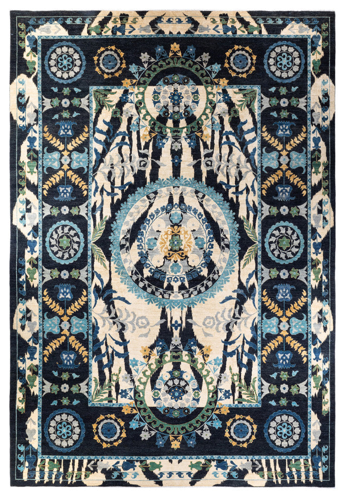 Suzani, One-of-a-Kind Hand-Knotted Area Rug  - Black, 12' 2" x 17' 7"