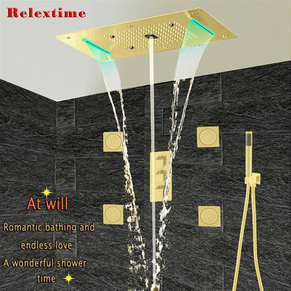 Led Mist Rainfall Shower System, Jetted Body, Brushed Gold