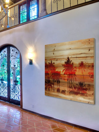 "Crimson Palms" Print on Natural Pine Wood, 32"x32"