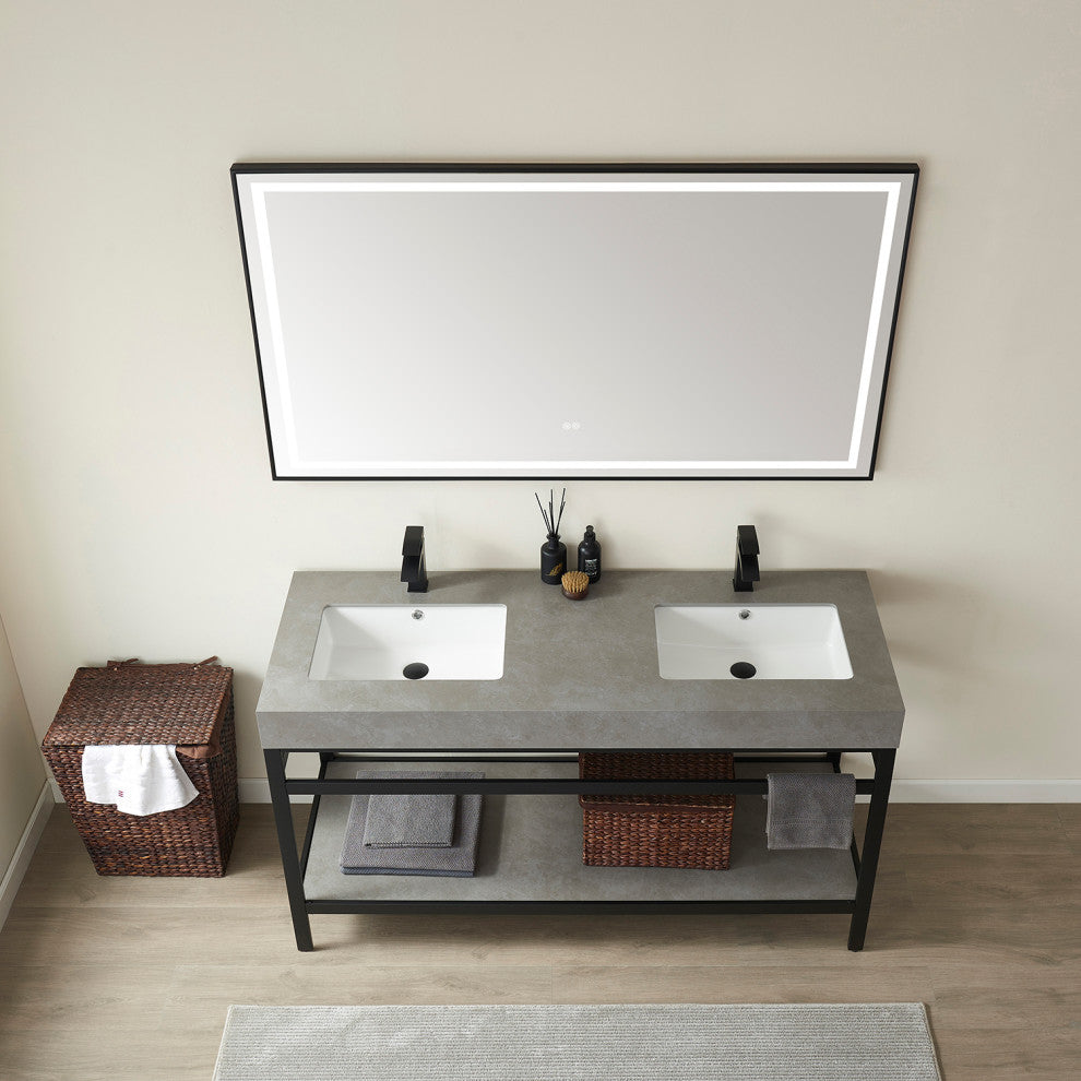 Funes Bath Vanity with Mirror, Matte Black Support, 60" Double Sink, Grey Stone Top