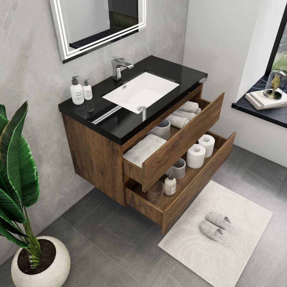 Belli 36" Wall Mounted Single Bathroom Vanity Set, Rosewood, Matt Black Top