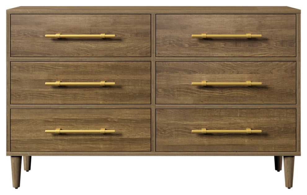 6 Drawers 56" W Wood Double Dresser, Natural Walnut