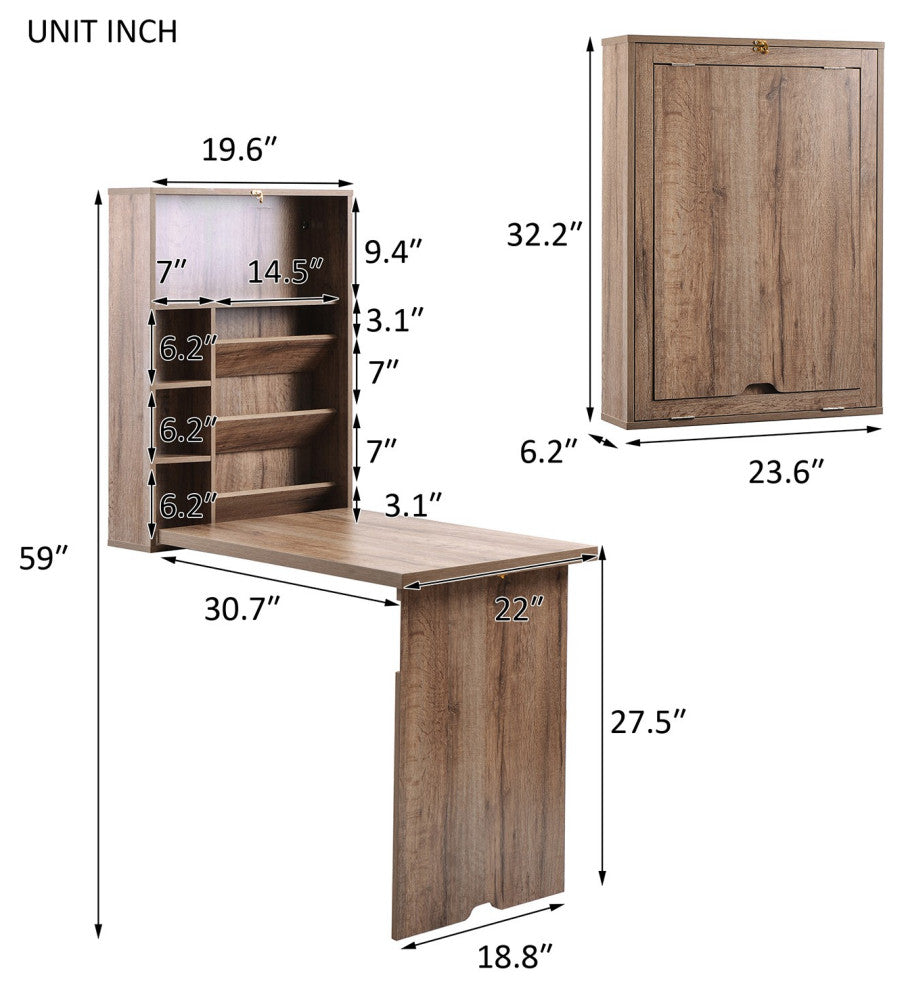 HomeRoots Rustic Natural Oak Finish Folding Murphey Style Desk With Shelves