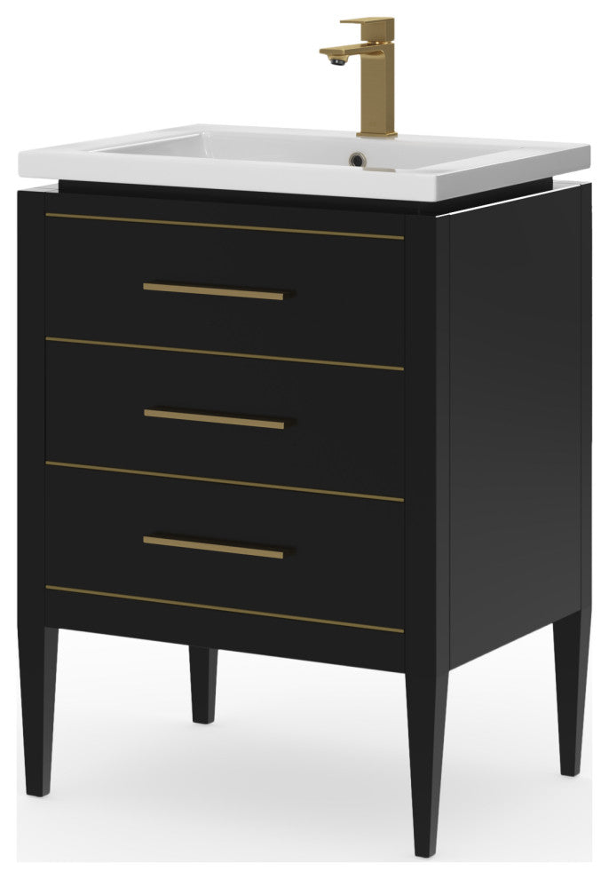 Celios Bathroom Vanity, Black with Brass Trim, 24", Single Sink, Freestanding