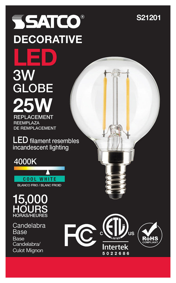 3W G16.5 LED, Clear, Candelabra Base, 90 CRI, 4000K, 120V