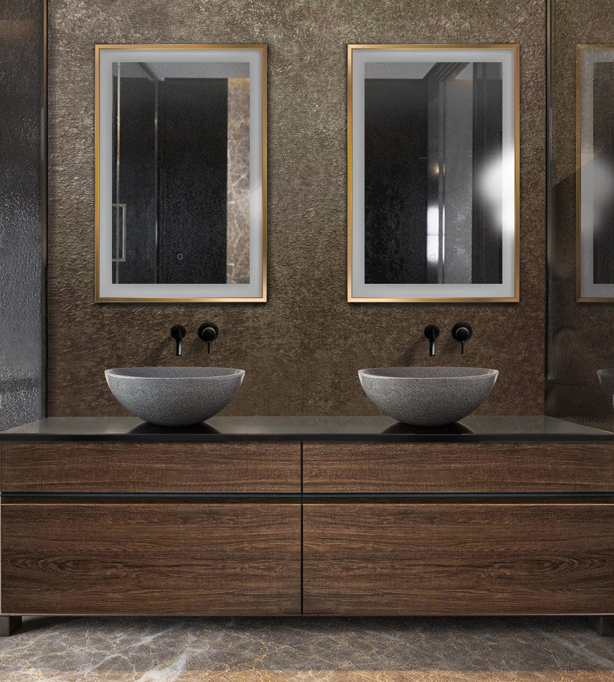 LED Lighted Bathroom Frame Mirror With Defogger, Gold, 24"x36"