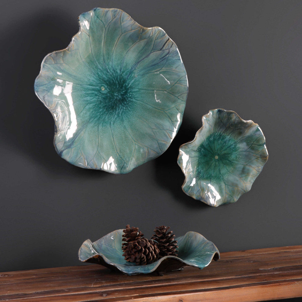 Turquoise Aqua Lily Pad Wall Art, 3-Piece Set, Flower Sculpture Blue Hanging