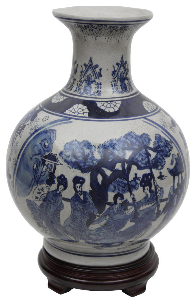 12" Ladies Blue and White Porcelain Vase
