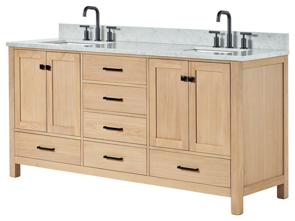 Cambridge 73" Double Bath Vanity With Italian Carrara Marble Top, Oak