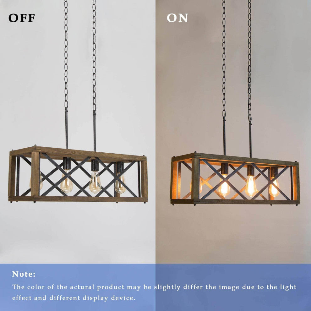 LNC 4-Lights Farmhouse Antique Black and Natural Wood Grain Linear Chandelier