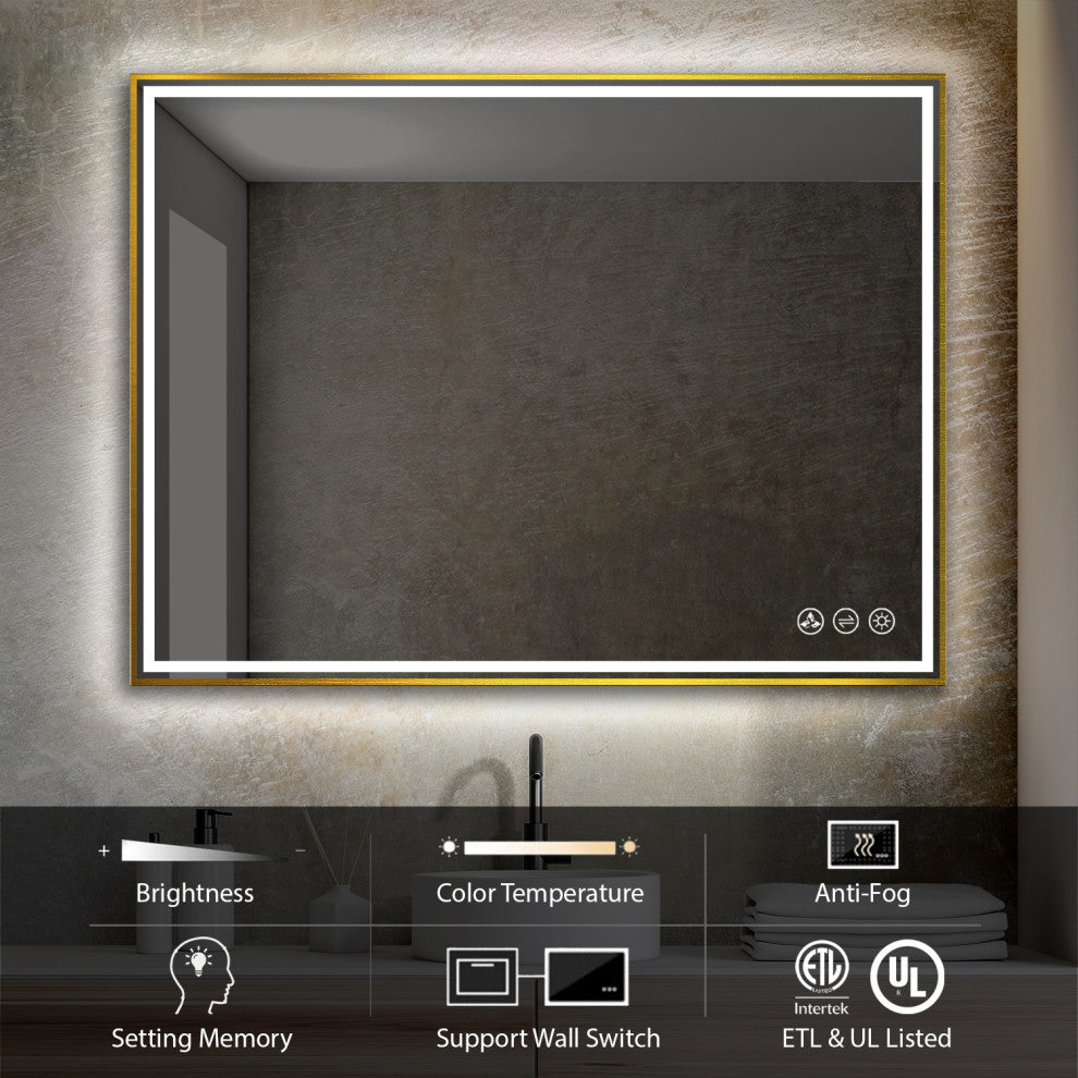 Fogless, Dimmable, Color Temperature Adjustable LED Mirror, Brush Gold, 48x36