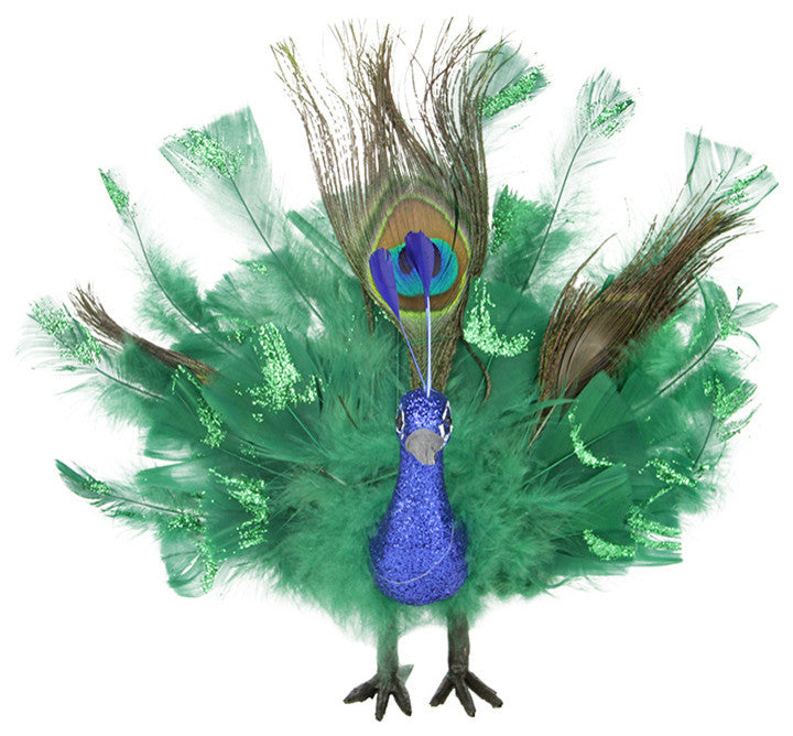 Colorful Regal Peacock Bird With Open Tail Feathers Decoration, Green, 7"