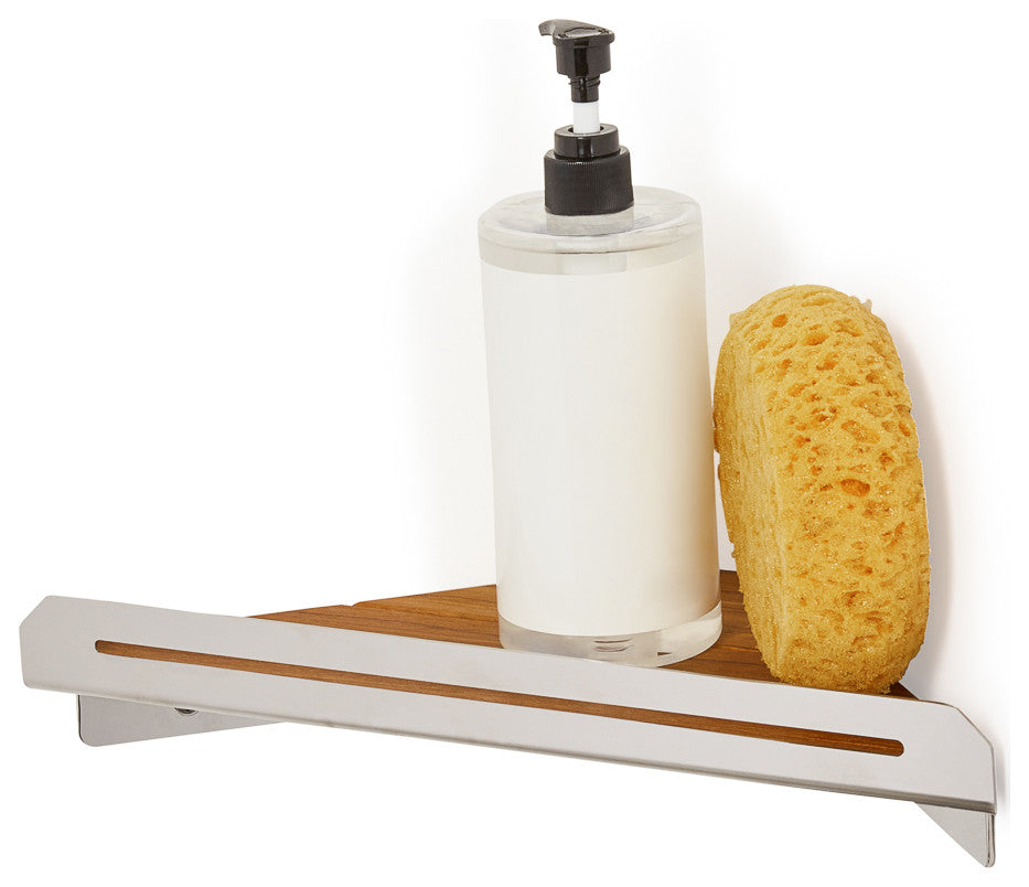 Floating Corner Shower Shelf With Natural Teak Wood, Polished