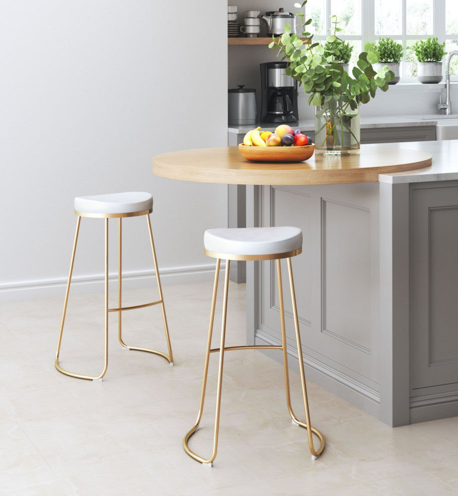 Bar Stool Chair Barstool, Set of 2, Faux Vinyl Leather, Steel, White, Gold