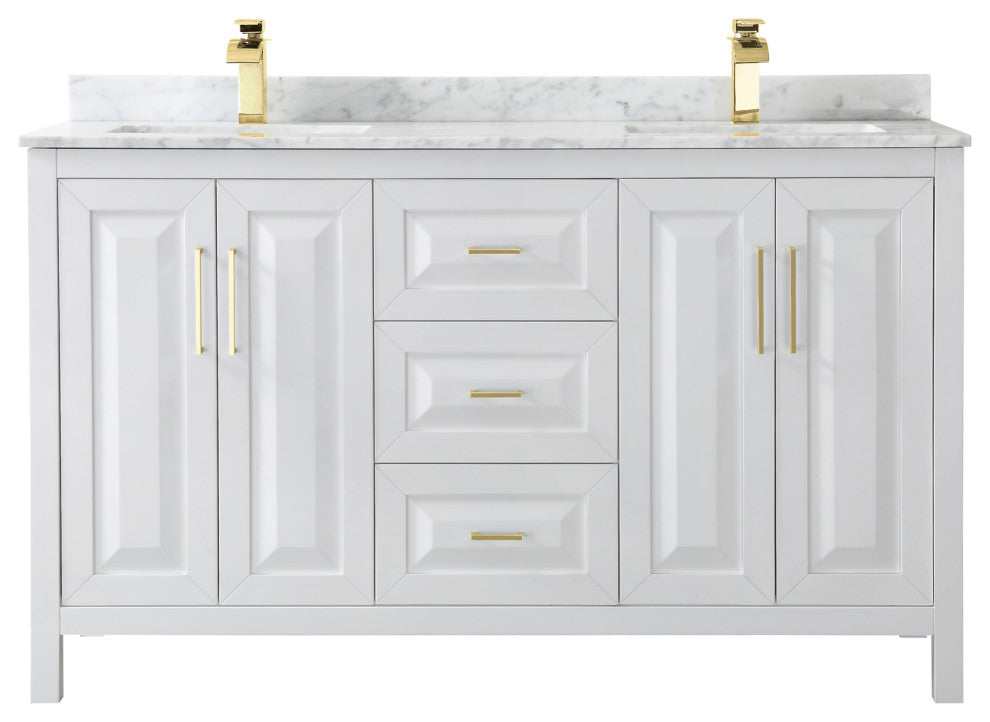60" Double Bath Vanity, White, White Carrara Countertop, Sinks, Gold Trim