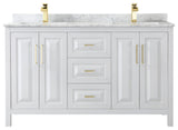 60" Double Bath Vanity, White, White Carrara Countertop, Sinks, Gold Trim