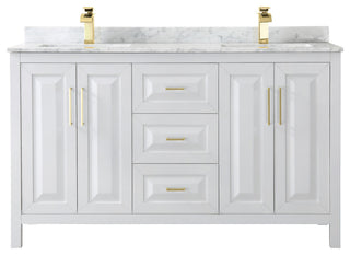 60" Double Bath Vanity, White, White Carrara Countertop, Sinks, Gold Trim