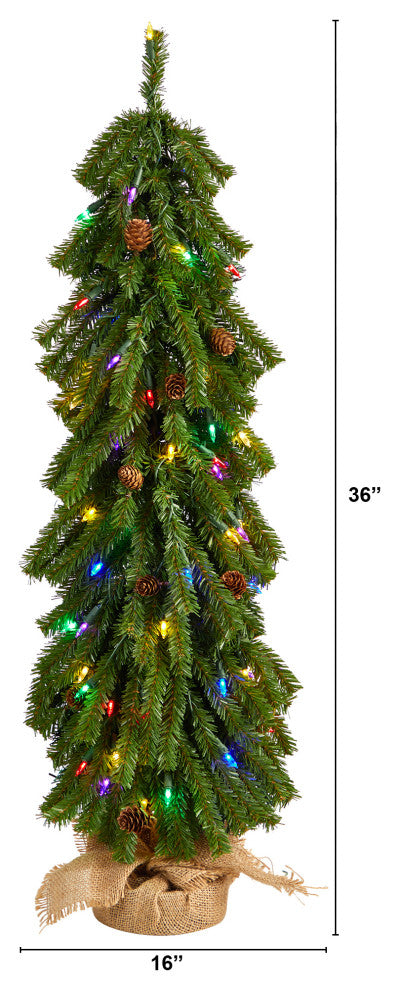 3' Faux Xmas Tree With Pinecones and 50 Multicolored Lights Set, a Burlap Base