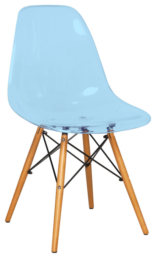 Dover Molded Dinin Side Chair, Wood Dowel Eiffel Base, Transparent Blue