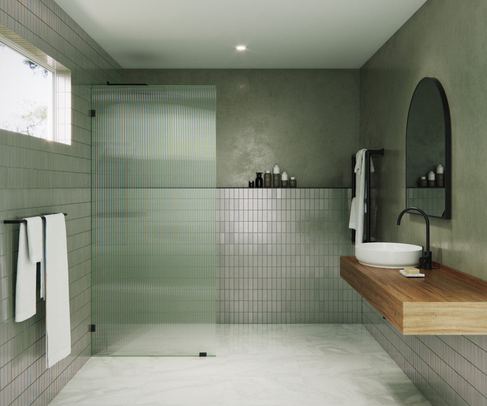 36"x78" Frameless Shower Door Single Fixed Panel Fluted, Matte Black