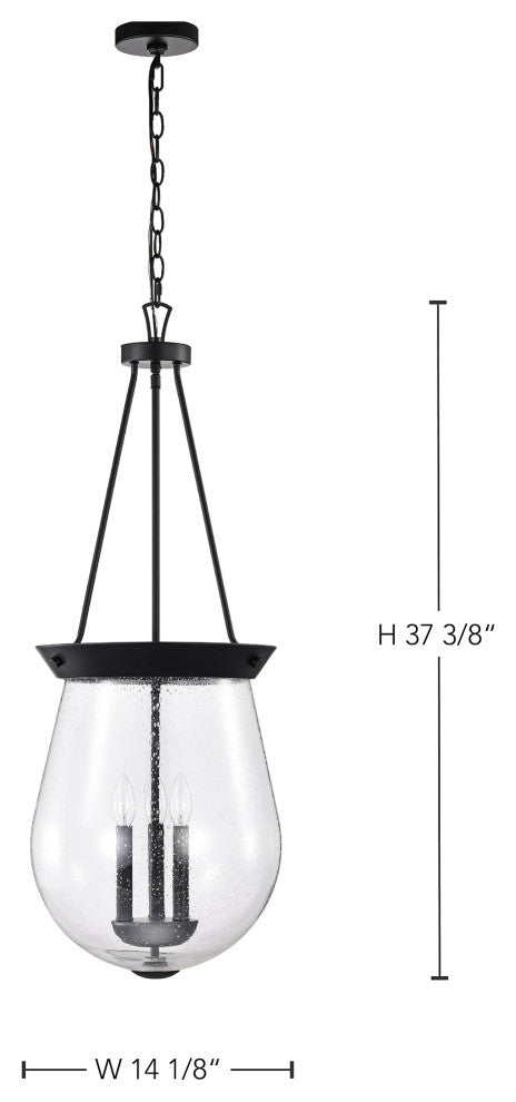 Boliver 3 Light Pendant, 14", Matte Black Finish, Clear Seeded Glass