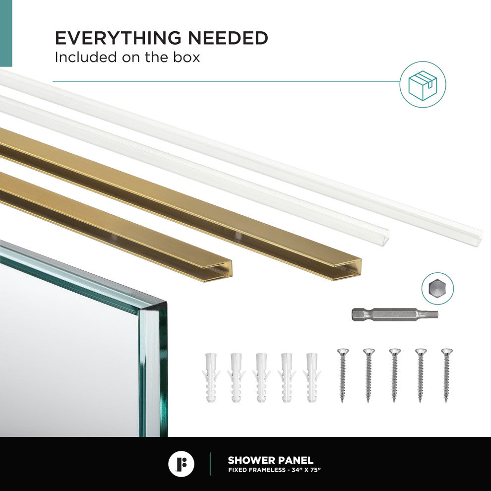 Single Fixed Glass Shower Panel - Clear Tempered Frameless Shower Glass Door, Satin Brass, 34"