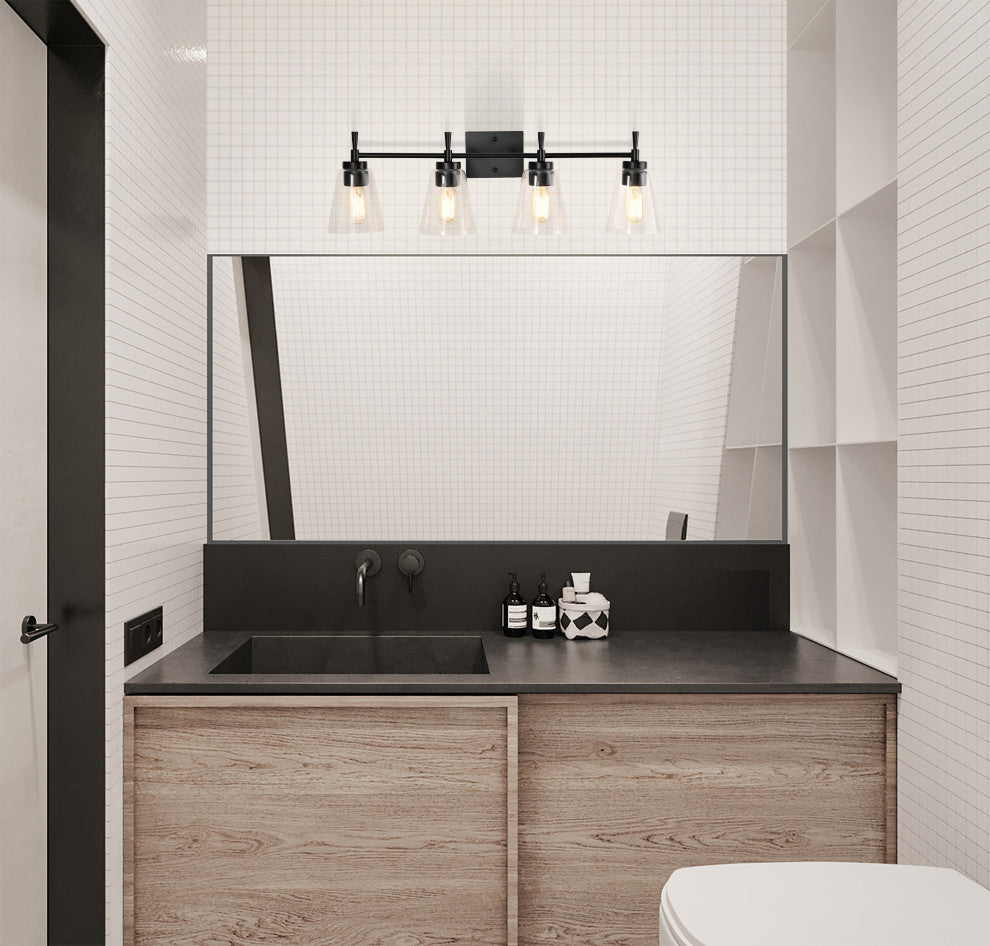 30 in. 4-Lights Matte Black Vanity Light With Clear Glass Cone Shades