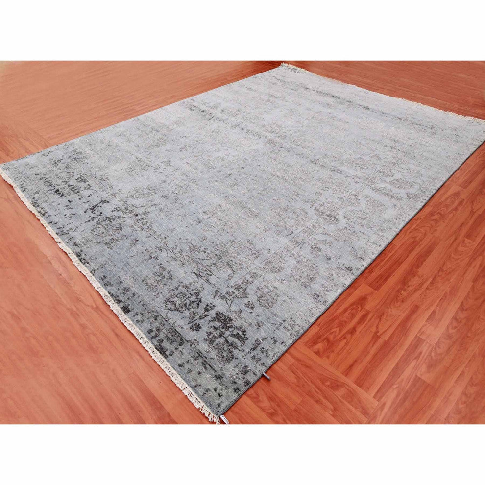 Silver Gray Wool and Silk Hand Knotted Persian Tabriz Design Rug, 8'10"x11'9"
