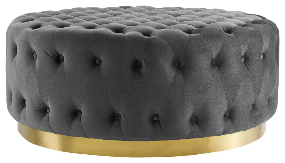 Tufted Accent Chair Ottoman, Round, Velvet, Gray, Modern, Lounge
