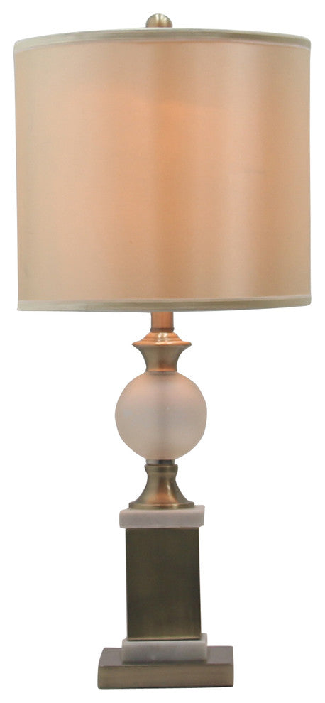 Regency Frosted Glass Urn Table Lamp, Antique Brass & White Marble