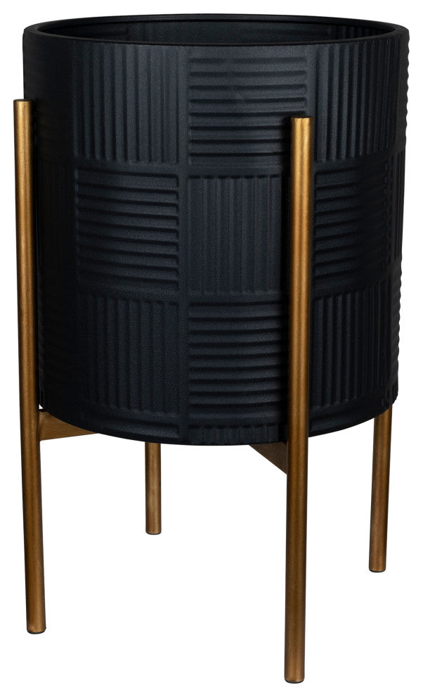 Black Geo Texture Metal Planter With Bronze Stand