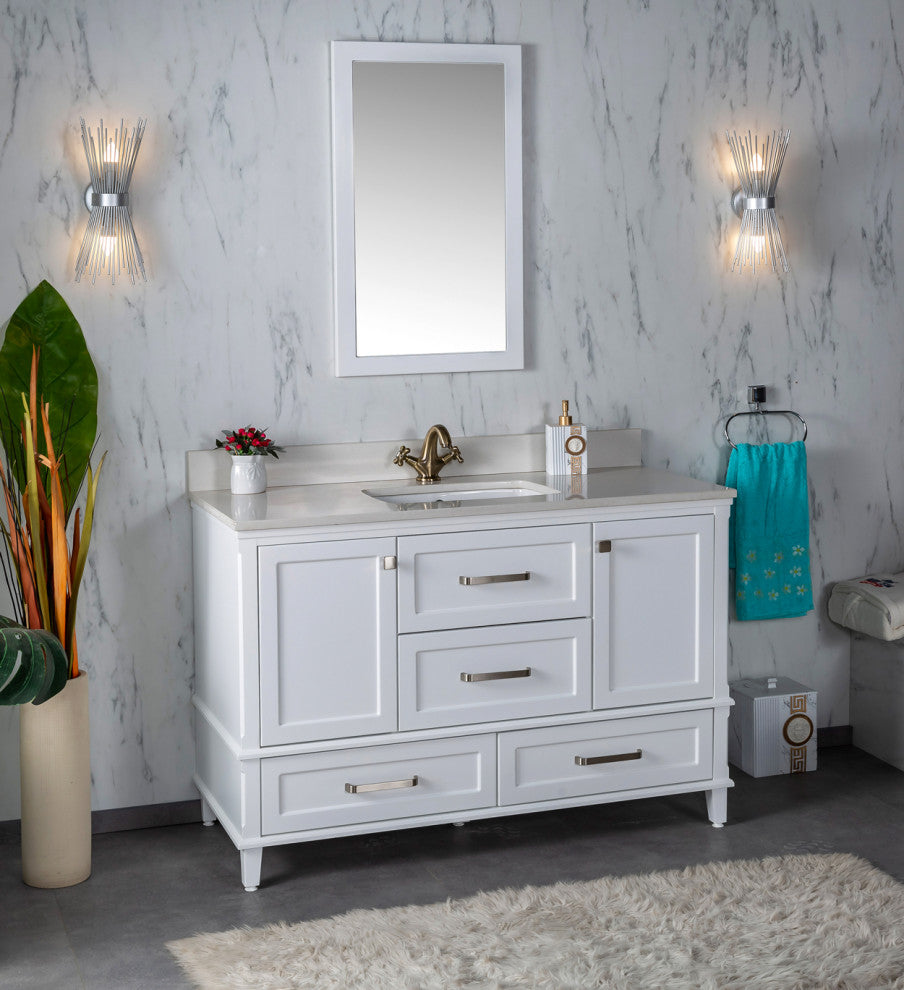 Nera Collection 48" Bath Vanity Quartz Top and Ceramic Sink, White, 48"