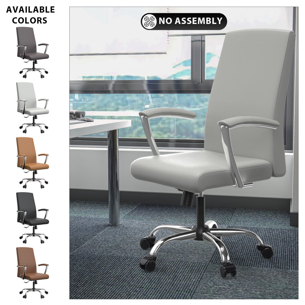 LeisureMod Evander Swivel Office Chair in Leather With Silver Frame, White