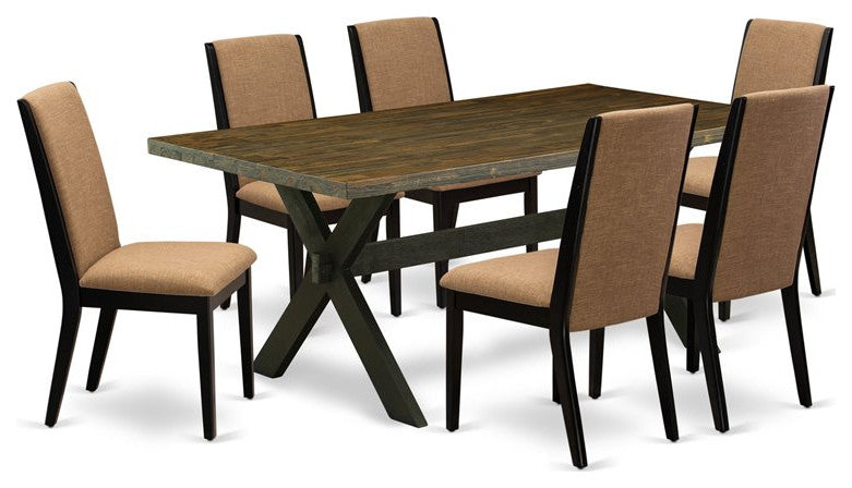 X677La147-7, 7-Piece Dining Set Jacobean Table Top and 6 Linen Fabric Chairs