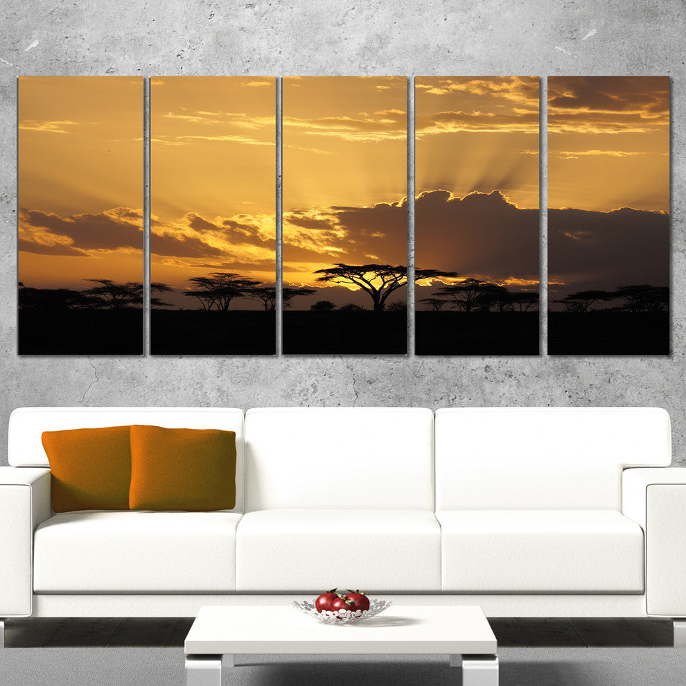 Sunset in Africa with Acacia Tree, Landscape Canvas Art, 60"x28", 5 Panels