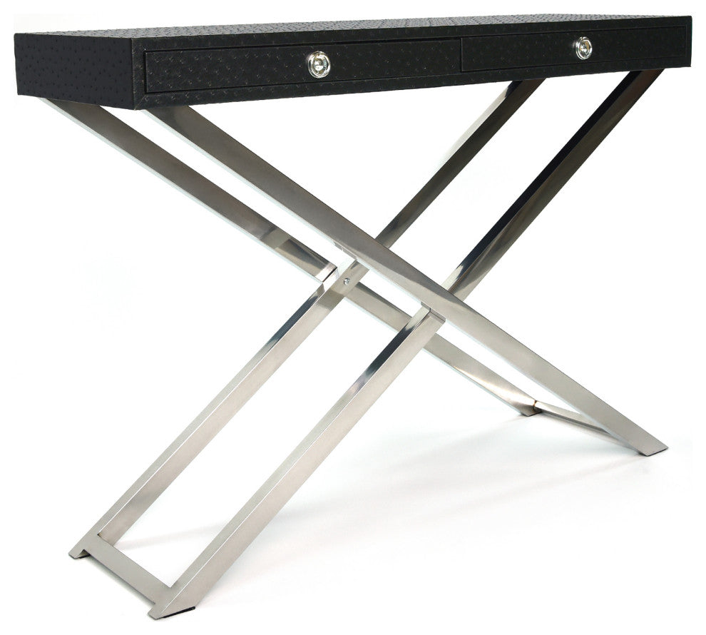 Black Ostrich Leather Console Table With Stainless Steel Legs