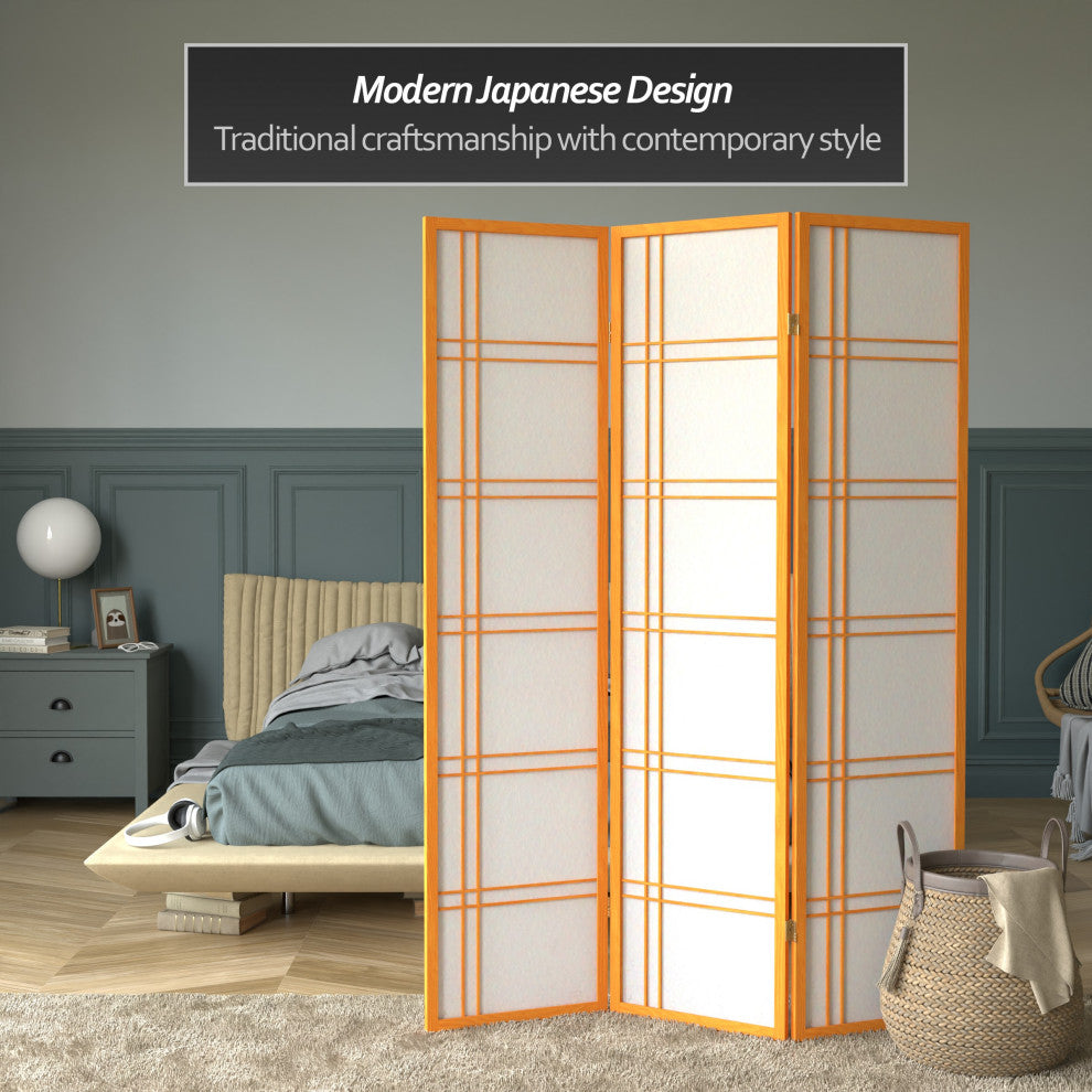 6' Tall Double Cross Shoji Screen, Honey, 3 Panels