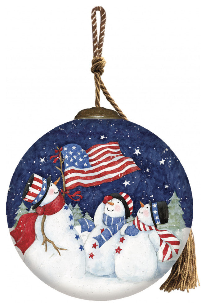 Three Snowman and an American Flag Hand Painted Mouth Blown Glass Ornament