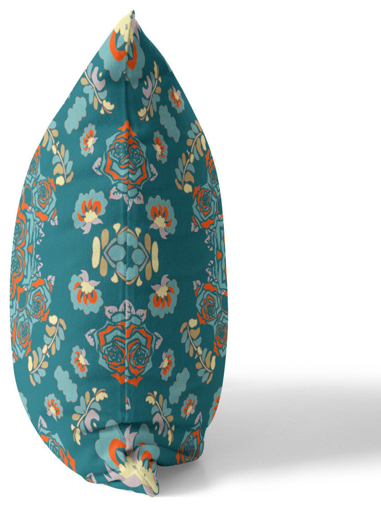 20" Teal Orange Wreath Indoor Outdoor Zippered Throw Pillow