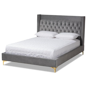 Bowery Hill Tufted Modern Velvet Platform King Bed in Dark Gray
