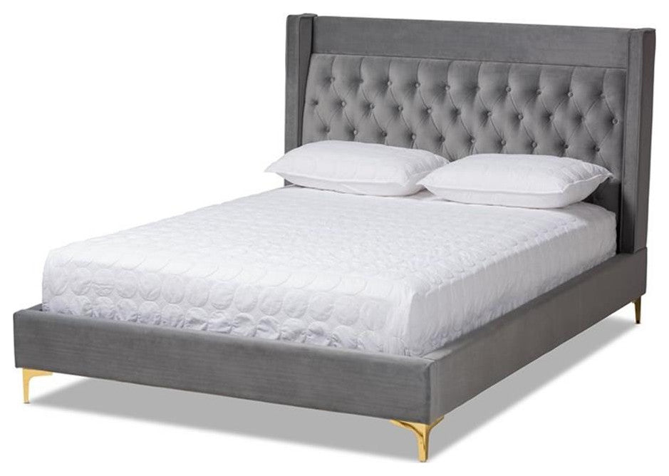 Bowery Hill Tufted Modern Velvet Platform King Bed in Dark Gray
