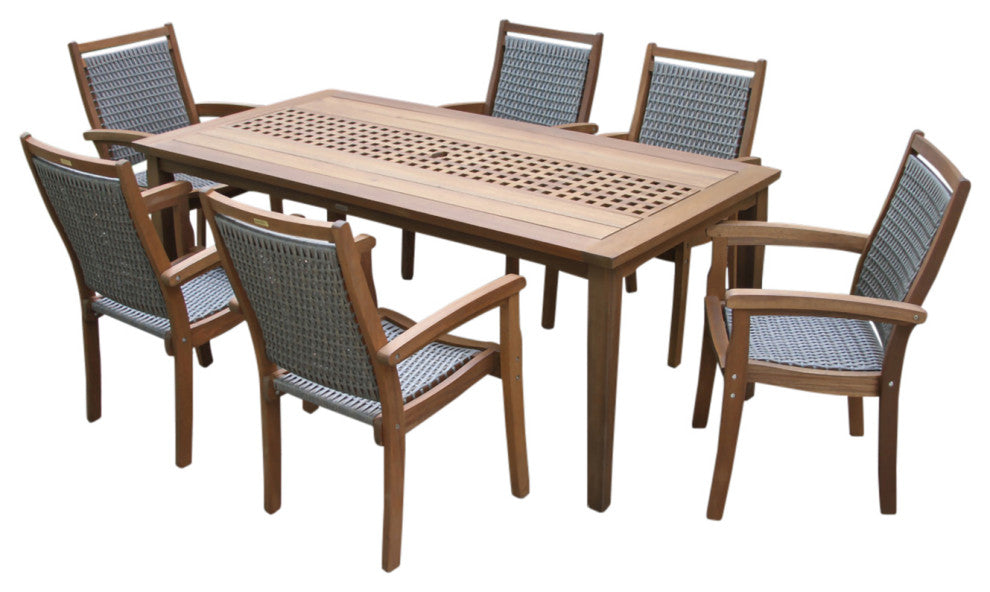 7-Piece Eucalyptus Checkerboard Dining Set With Wicker Chairs