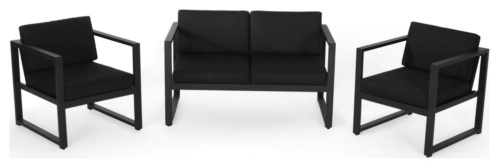 GDF Studio Navan Outdoor 4 Seater Aluminum Chat Set, Silver/Dark Gray Cushions